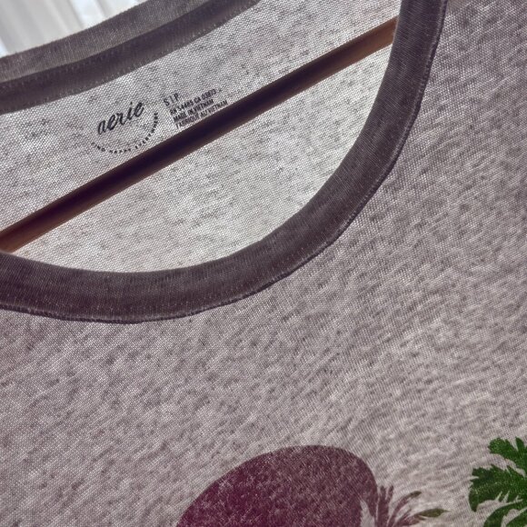 Aerie Womens Pink Green Palm Tree Tropical Linen Blend Top Sz Small Cream Beachy - Picture 2 of 9